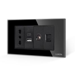 Priza Ingusta + Dubla USB + TV + Internet cu Rama Din Sticla LUXION, Standard Italian, 4M - negru