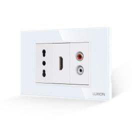 Priza Ingusta + HDMI + Audio cu Rama Din Sticla LUXION, Standard Italian, 3M - alb
