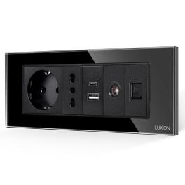 Priza Schuko + Ingusta + Dubla USB + TV + Internet cu Rama Din Sticla LUXION, Standard Italian, 6M - negru