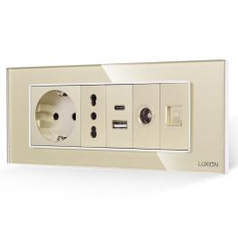 Priza Schuko + Ingusta + Dubla USB + TV + Internet cu Rama Din Sticla LUXION, Standard Italian, 6M - auriu