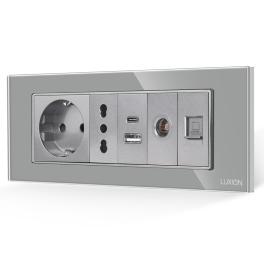 Priza Schuko + Ingusta + Dubla USB + TV + Internet cu Rama Din Sticla LUXION, Standard Italian, 6M - gri