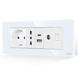 Priza Schuko + Ingusta + Dubla USB + TV + Internet cu Rama Din Sticla LUXION, Standard Italian, 6M - alb