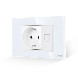 Priza Schuko + Priza Internet cu Rama din Sticla LUXION, Standard Italian, 3M - alb