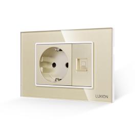 Priza Schuko + Priza Internet cu Rama din Sticla LUXION, Standard Italian, 3M - auriu
