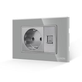 Priza Schuko + Priza Internet cu Rama din Sticla LUXION, Standard Italian, 3M - gri