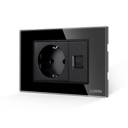 Priza Schuko + Priza Internet cu Rama din Sticla LUXION, Standard Italian, 3M - negru