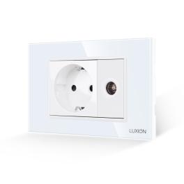 Priza Schuko + Priza TV cu Rama din Sticla LUXION, Standard Italian, 3M - alb
