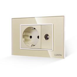 Priza Schuko + Priza TV cu Rama din Sticla LUXION, Standard Italian, 3M - auriu