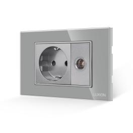 Priza Schuko + Priza TV cu Rama din Sticla LUXION, Standard Italian, 3M - gri