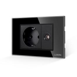 Priza Schuko + Priza TV cu Rama din Sticla LUXION, Standard Italian, 3M - negru