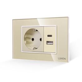 Priza Schuko si USB A+C cu Rama din Sticla LUXION, Standard Italian, 3M - auriu