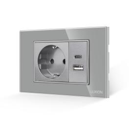 Priza Schuko si USB A+C cu Rama din Sticla LUXION, Standard Italian, 3M - gri