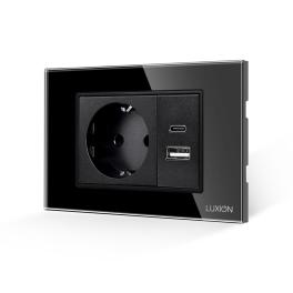 Priza Schuko si USB A+C cu Rama din Sticla LUXION, Standard Italian, 3M - negru