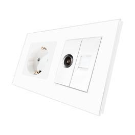 Priza Schuko + TV + Internet cu Rama Din Sticla LUXION - alb
