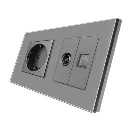 Priza Schuko + TV + Internet cu Rama Din Sticla LUXION - gri