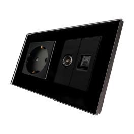 Priza Schuko + TV + Internet cu Rama Din Sticla LUXION - negru