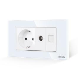 Priza Schuko + TV + Internet cu Rama Din Sticla LUXION, Standard Italian, 4M - alb