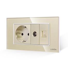 Priza Schuko + TV + Internet cu Rama Din Sticla LUXION, Standard Italian, 4M - auriu