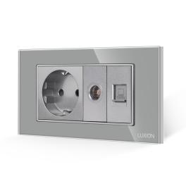 Priza Schuko + TV + Internet cu Rama Din Sticla LUXION, Standard Italian, 4M - gri