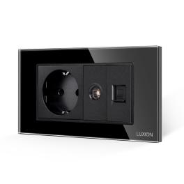 Priza Schuko + TV + Internet cu Rama Din Sticla LUXION, Standard Italian, 4M - negru