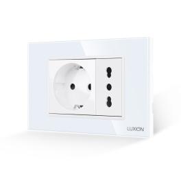 Priza Schuko + Universala Italiana cu Rama din Sticla LUXION, Standard Italian, 3M - alb