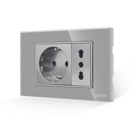Priza Schuko + Universala Italiana cu Rama din Sticla LUXION, Standard Italian, 3M - gri