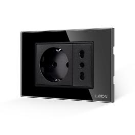 Priza Schuko + Universala Italiana cu Rama din Sticla LUXION, Standard Italian, 3M - negru