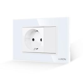 Priza Simpla si 1 Tasta Falsa cu Rama din Sticla LUXION, Standard Italian, 3M - alb