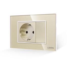 Priza Simpla si 1 Tasta Falsa cu Rama din Sticla LUXION, Standard Italian, 3M - auriu