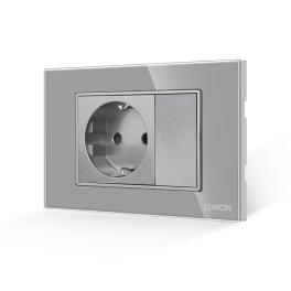 Priza Simpla si 1 Tasta Falsa cu Rama din Sticla LUXION, Standard Italian, 3M - gri
