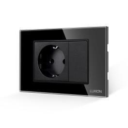 Priza Simpla si 1 Tasta Falsa cu Rama din Sticla LUXION, Standard Italian, 3M - negru