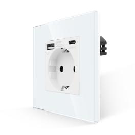 Priza Simpla + USB-A + USB-C LUXION cu Rama din Sticla - alb