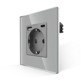Priza Simpla + USB-A + USB-C LUXION cu Rama din Sticla - gri
