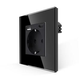 Priza Simpla + USB-A + USB-C LUXION cu Rama din Sticla - negru
