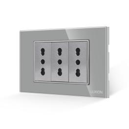 Priza Tripla cu Rama din Sticla LUXION, Standard Italian, 3M - gri