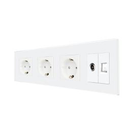 Priza Tripla Schuko + TV + Internet cu Rama Din Sticla LUXION - alb