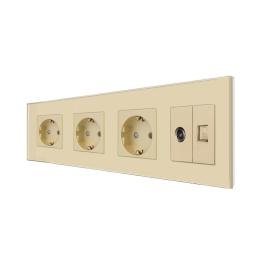 Priza Tripla Schuko + TV + Internet cu Rama Din Sticla LUXION - auriu