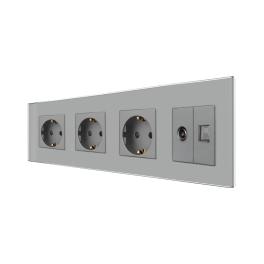 Priza Tripla Schuko + TV + Internet cu Rama Din Sticla LUXION - gri