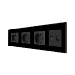 Priza Tripla Schuko + TV + Internet cu Rama Din Sticla LUXION - negru