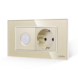 Senzor de Miscare 2M si Priza Schuko LUXION  cu Rama din Sticla, Standard Italian, 4M - auriu