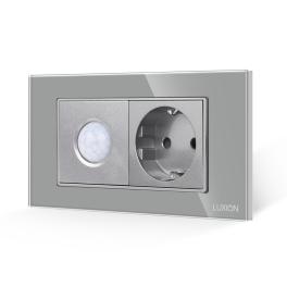 Senzor de Miscare 2M si Priza Schuko LUXION  cu Rama din Sticla, Standard Italian, 4M - gri