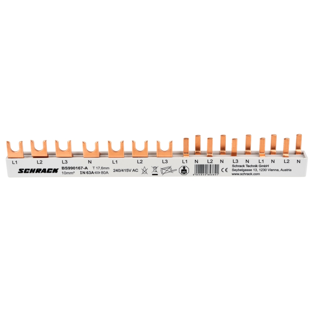 Busbar, 1xRCCB 4-pole, 1 MCB 3-pole, 5 MCB 1+N/1 MW, 12MW