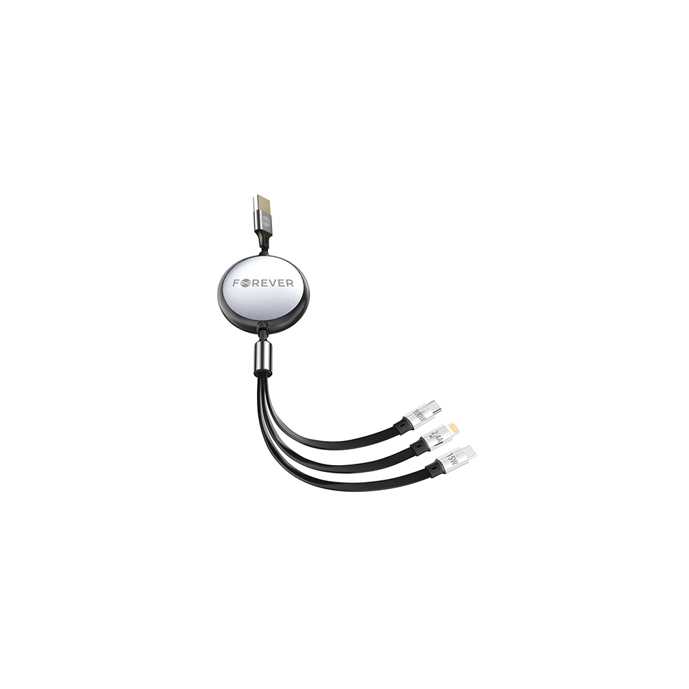 CABLU 3IN1 USB - LIGHTNING + 2 X USB-C 1.2M - NEGRU
