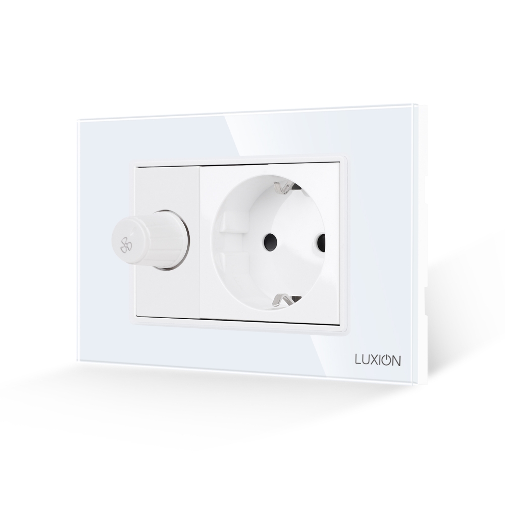 Comutator Pentru Ventilator + Priza cu Rama din Sticla LUXION, Standard Italian, 3M - alb