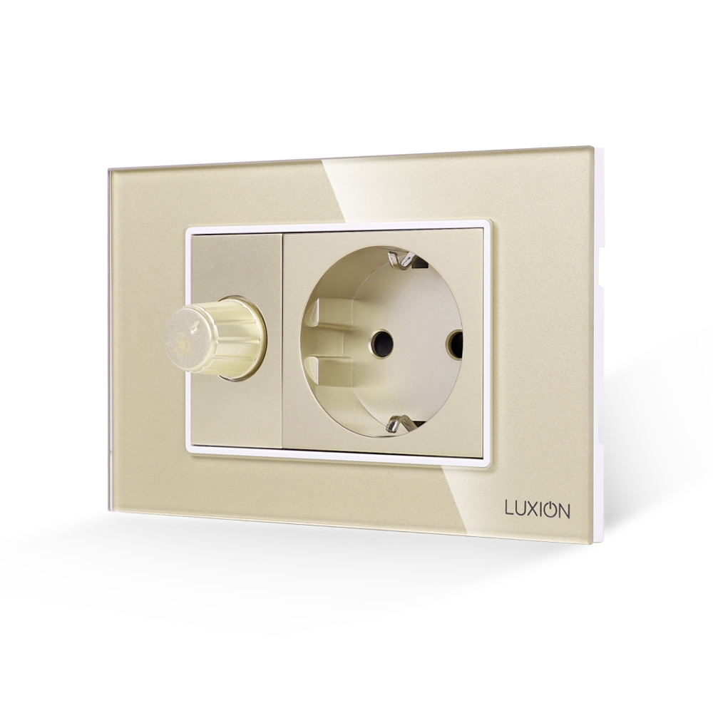Comutator Pentru Ventilator + Priza cu Rama din Sticla LUXION, Standard Italian, 3M - auriu