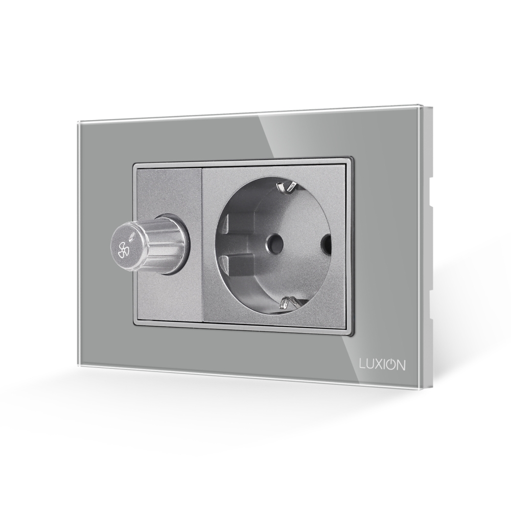 Comutator Pentru Ventilator + Priza cu Rama din Sticla LUXION, Standard Italian, 3M - gri