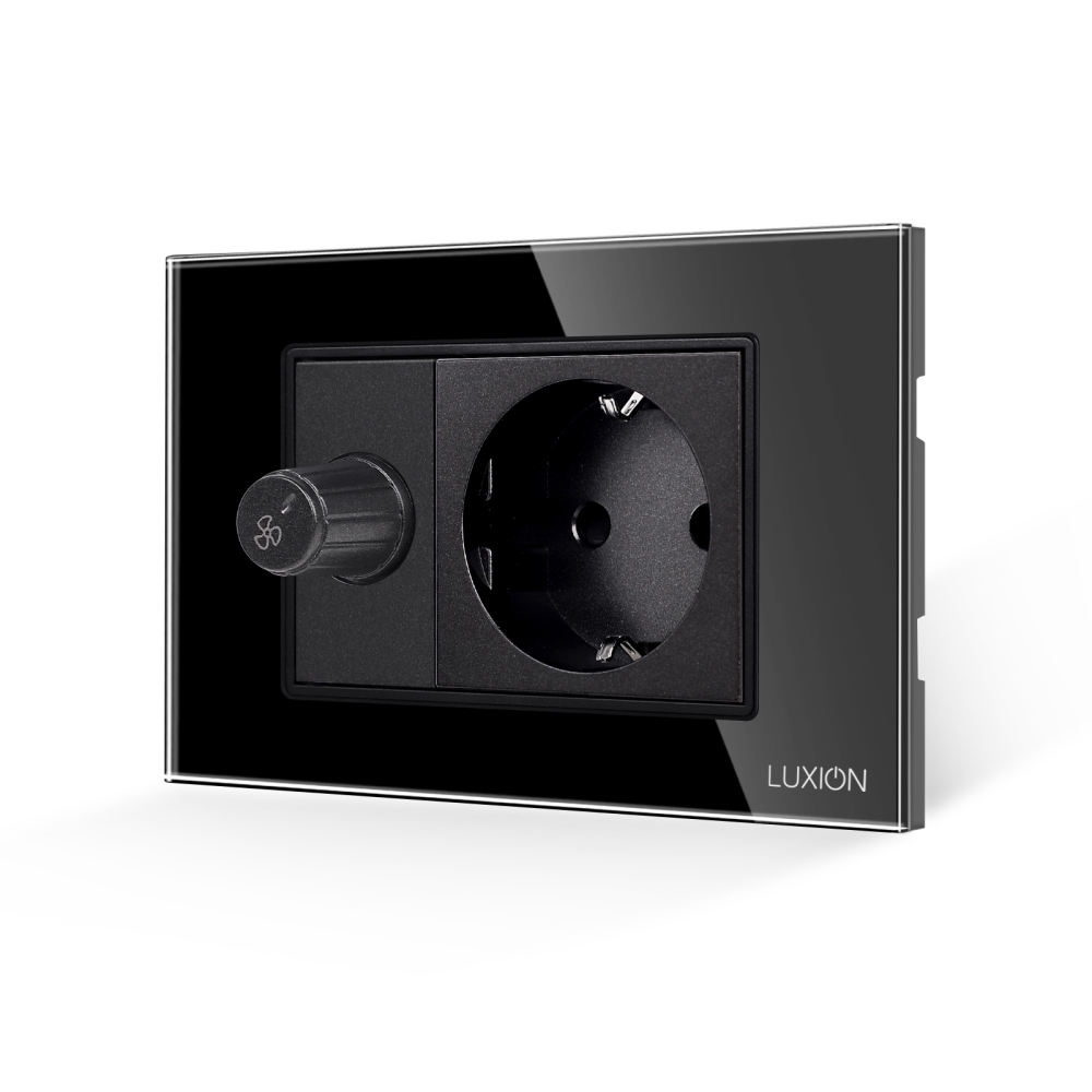 Comutator Pentru Ventilator + Priza cu Rama din Sticla LUXION, Standard Italian, 3M - negru