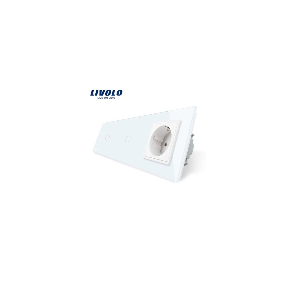 Intrerupator 2 x simplu + Priza Schuko, generatia noua, cu rama sticla
