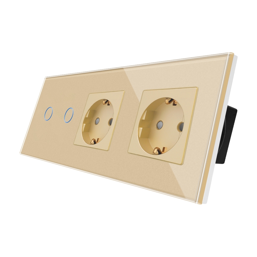 Intrerupator Dublu + 2 Prize cu Rama din Sticla LUXION - auriu