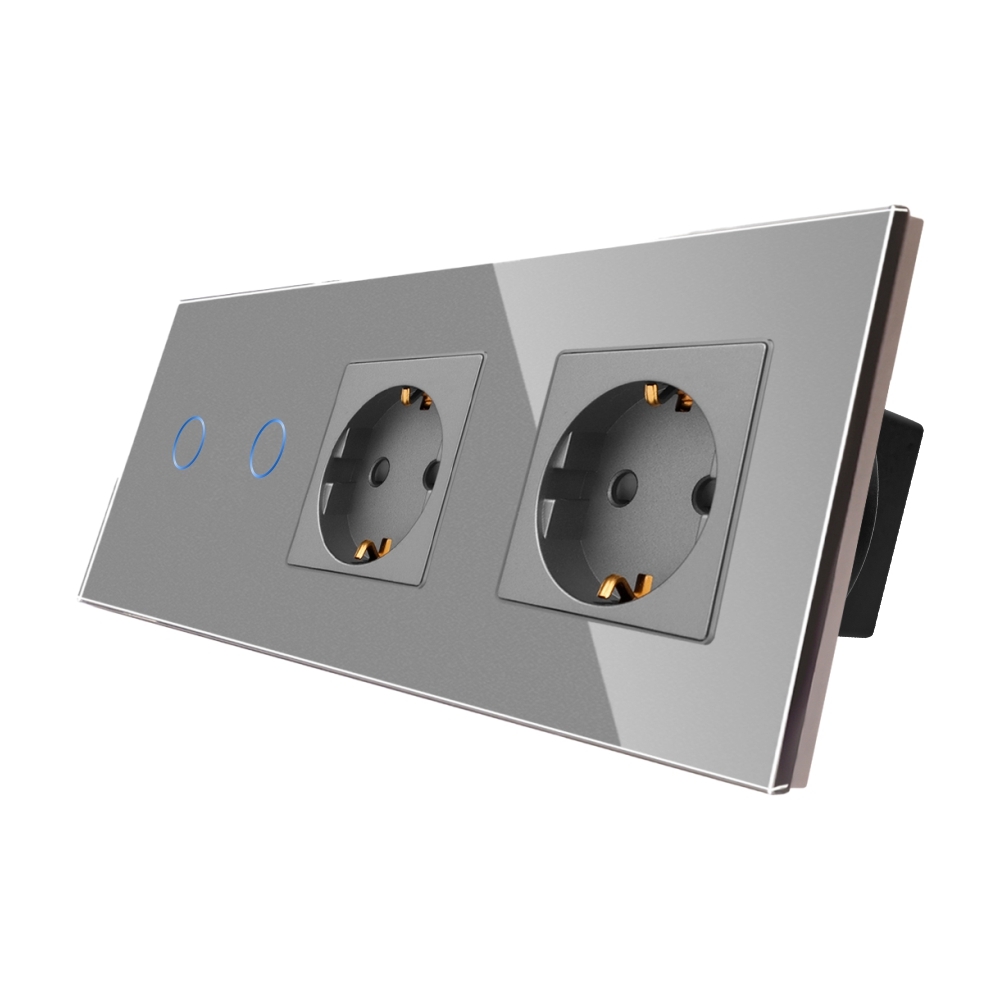 Intrerupator Dublu + 2 Prize cu Rama din Sticla LUXION - gri